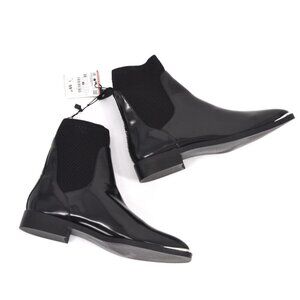 NEW ZARA Studded Patent Ankle Boots Chelsea Pull On Knit Booties Black 38 7.5